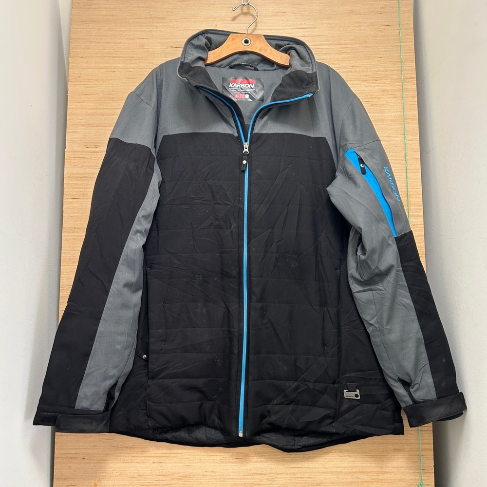 Karbon Mens XL Ski Jacket Black Grey Blue Colorblock Insulated Hooded Technical